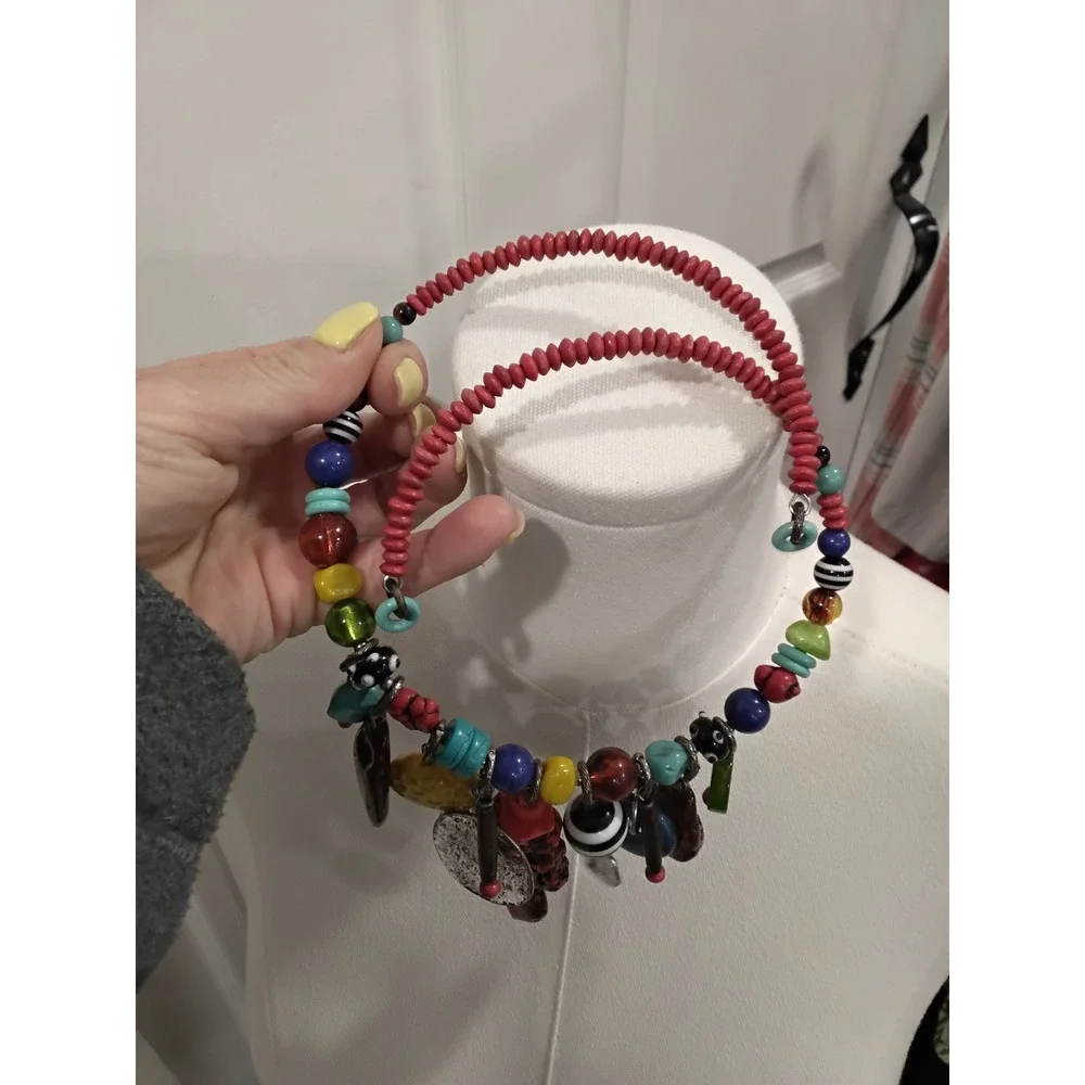 Multicolor‎ Beaded Statement Charm Necklace Eclectic Mixed Media Boho Jewelry